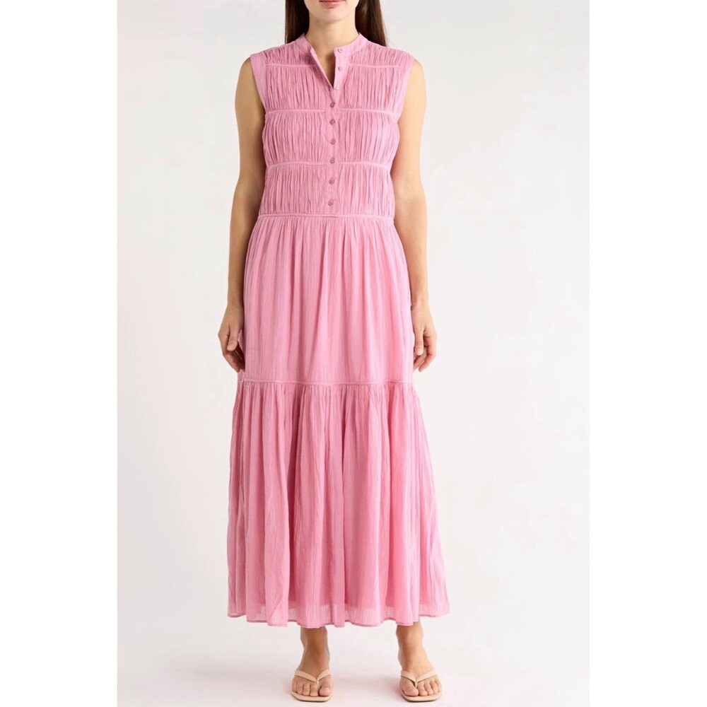AREA STARS Women Pink Lavender Cotton Maxi Dress M Lined Button Front Tiered NWT